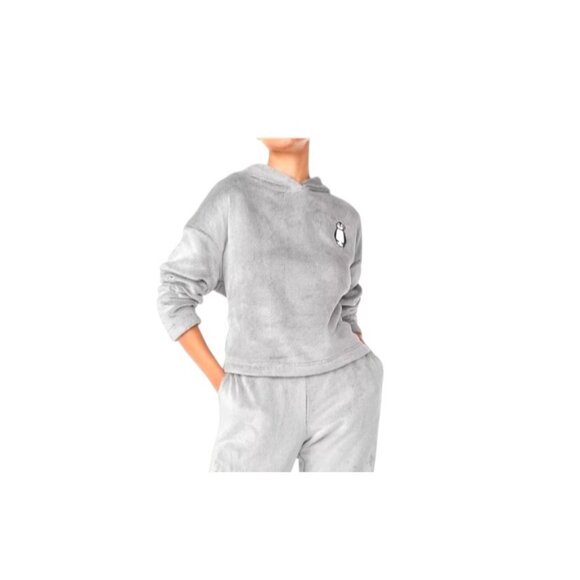 Joyspun Penguin Patch Cropped Teddy Hoodie Gray Size XL Cozy Winter Soft Casual - Picture 1 of 14